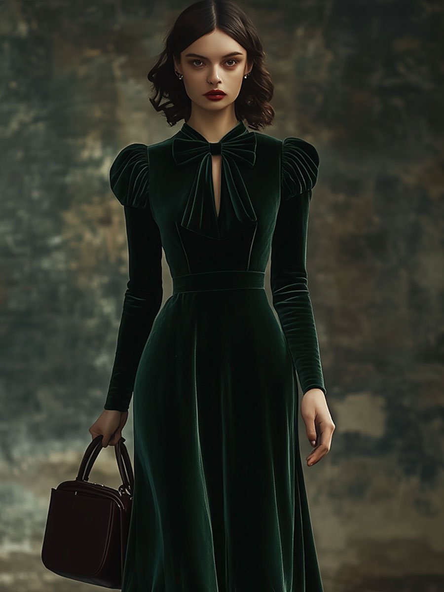 Juliette – Samt-Maxikleid mit Stehkragen und Schleifendetail