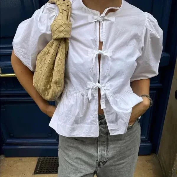 Jemima | Elegante Bluse mit Puffärmeln und Bindeband am Hals